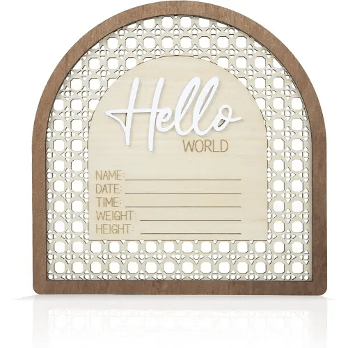 Baby Announcement Sign 6.5 Inch Wooden Hello World Newborn Welcome Sign Birth Baby Name Plaques for Photo Props Shower Hospital Nursery (Rattan)