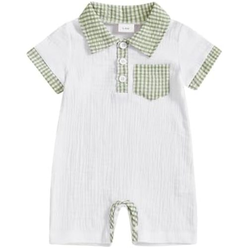 Newborn Baby Boy Summer Clothes Plaid Print Button Down Short Sleeve Lapel Romper One Piece Jumpsuit Cute Outfits