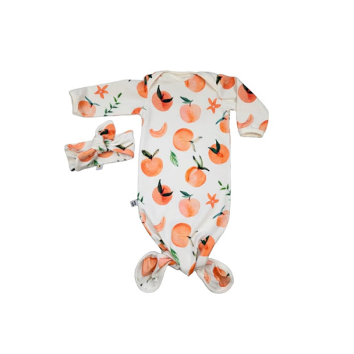 Handmade Soft cotton peach baby gown and headband set, stretchy knotted pajamas (0-3 months), sleeper, baby shower gift first photos