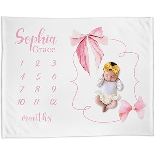 Personalized Baby Milestone Blanket for Girls, Custom Newborn Baby Girl Blankets with Name, Bow Pink Milestone Monthly Blanket for Shower Gift, Monthly Baby Milestone Blanket