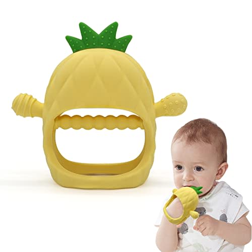 Pineapple Shape Baby Teething Toys, Never Drop Hand Wrist Teether, PAPACHOO Baby Chew Toys for Sucking Needs, Silicone Baby Mitten Teether for Soothing Teething Pain Relief, Easy to Grip (Yellow)