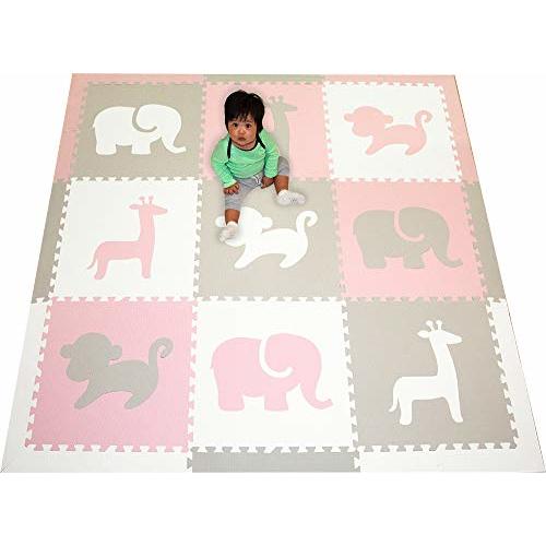 SoftTiles Children's Playmat- Safari Animals- Premium Interlocking Foam Large Floor Tiles for Girls Playroom and Baby Nursery- Size 6.5 x 6.5 ft.- (Light Pink, Light Gray, White)