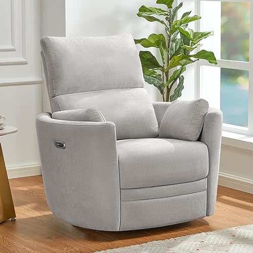 Jocisland Power Recliner Nursery Chair for Adults, Swivel Rocking Glider with 4 Massage Points, USB & Type-C Charge, 2 Pillows, Barrel Armchair Single Sofa for Living Room Bedroom, Light Grey