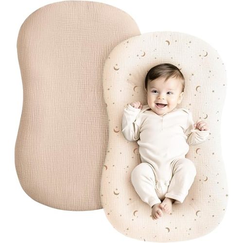 Konssy Muslin Baby Lounger Cover 2 Pack, 100% Cotton Newborn Lounger Cover, Soft and Breathable Lounger Slipcover for Boys Girls, Covers Only (Wheat,Moon)