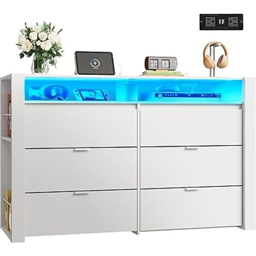 WLIVE 6 Drawer Led Dresser for Bedroom, 50.79'' White Wood Dresser Storage Organizer with Power Outlets for 55'' TV, Dressers with Open Shelves, Hanging Rack, Chest of Drawers for Closet, Living Room