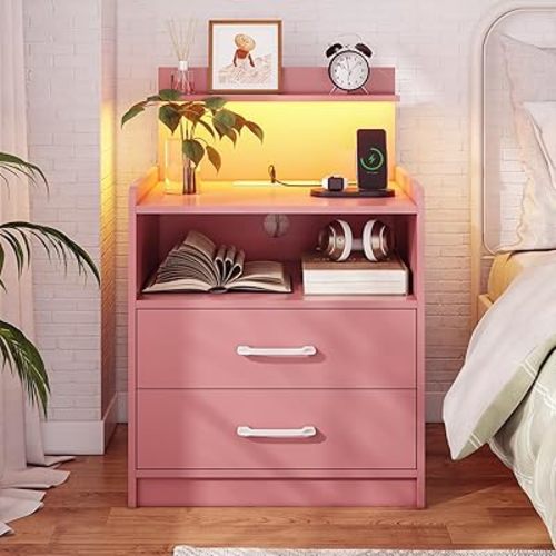 LED Nightstand with Charging Station, Night Stand with 2 Drawers and Open Storage, Bedside Table with LED Lights, Modern End Table with USB Ports Outlets, Pink