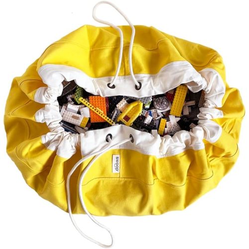 Swoop Bags - New! Organic Cotton Canvas Toy Storage Bag - Ideal for Small Toys - Drawstring Organizer and Play Mat - (YELLOW) Cool Storage Holders For Kids Rooms and Playrooms
