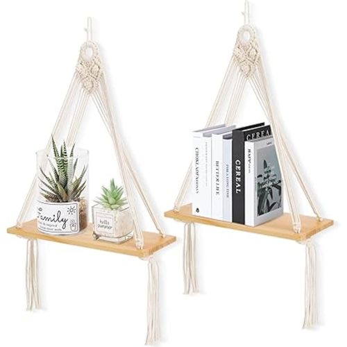 Macrame Wall Hanging Shelf Set of 2,Boho Wooden Display Floating Shelves for Wall Decor with Handmade Woven Rope,Farmhouse Rustic Plant Shelf for Bedroom Dorm Nursery Living Room Bathroom