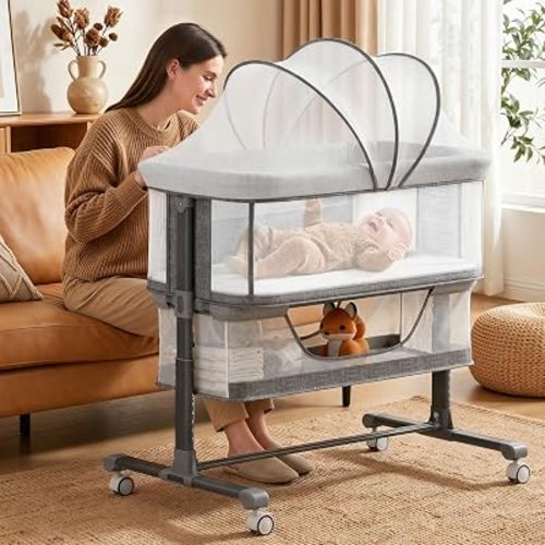 Baby Bassinet Bedside Sleeper with Wheels, Canopy, Storage, Basket