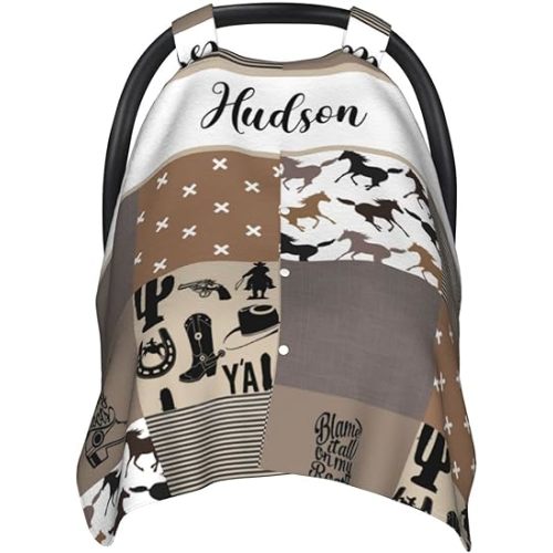 Personalized Baby Car Seat Canopy for Babies, Custom Name Car Seat Covers for Boys and Girls, Opening Minky Nursing Breastfeeding Cover for Infant, Carseat Canopies for Newborn (Cowboy)