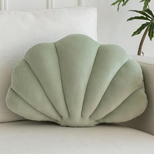 Shell Pillow, Shell Shaped Decorative Throw Pillows with Velet for Couch Bed, Cute Seashell Beachy Room Decor Aesthetic Throw Pillows for Bedroom Living Room(13x10 Inches, Sage Green)