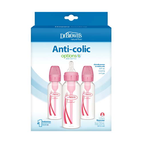 Dr. Browns Natural Flow Anti-Colic Options+ Narrow Baby Bottle, Pink, 8oz, Slow Flow, 0m+, 3 Pack