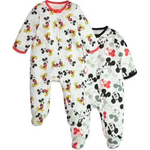 Disney Mickey Mouse Baby 2 Pack Zip Up Sleep N' Play Coveralls Newborn to Infant, Color: White / grey, Size: 0-3 months