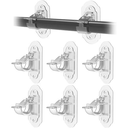 6PCS No Drill Curtain Rod Brackets，No Drill Needed Curtain Rod Holders,Curtain Rod Holders No Drilling Multipurpose Nail Free Stick on Curtain Rod Hooks Self Adhesive Rod Holder Hooks
