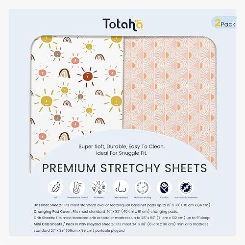 Bassinet Fitted Sheets Boho Rainbow for Baby Boys Girls, TotAha Premium Soft Cradle Sheets, Compatible with Halo, Mika Micky, Baby Delight, Dream On Me, 4moms, Maxi COSI, and Other Bassinet