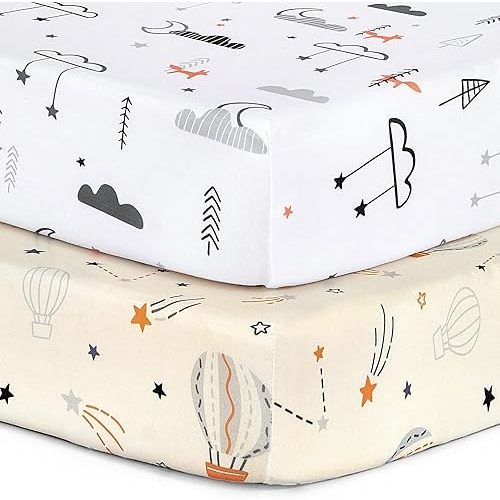 Pack n Play Sheets, BROLEX 2 Pack Mini Crib Sheets,Stretchy Portable Fitted Playard Sheet Set, Convertible Playard Mattress Cover,Ultra Soft Breathable Material,Starsmoon Balloon