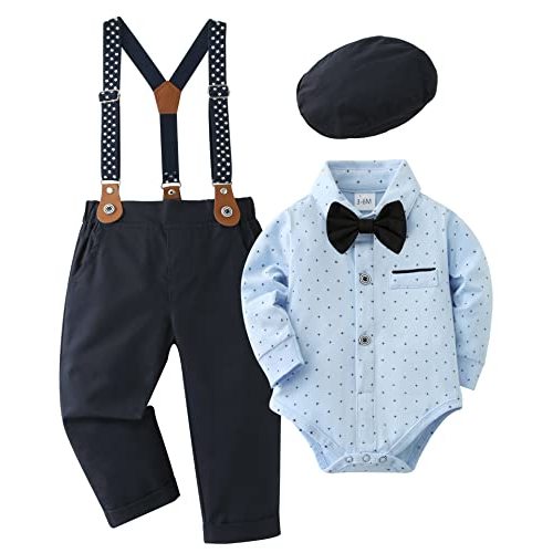 DISAUR Baby Boy Clothes Suits 4PCS Gentleman Outfit Dress Romper Beret Hat Suspender Pants Bow Tie Wedding Set