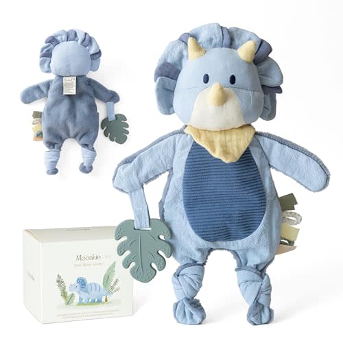 Moonkie Baby Lovey with Silicone Teether, Dinosaur Security Blanket with Textured Ribbons, Crinkle Toys, Soft Minky Velour & Natural Cotton, Newborn Boys Gifts for Baby Shower & Birthday
