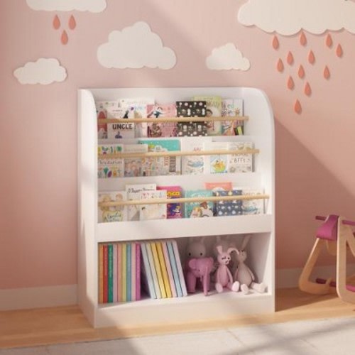 Kids Bookshelf with Open Storage, Front-Facing Children's Bookcase for Playroom, Bedroom or Nursery, White