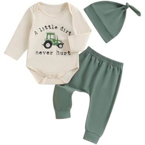 Newborn Baby Boy Clothes Long Sleeve Letter Tractor Print Romper and Pants with Hat Coming Home Outfit 3Pcs