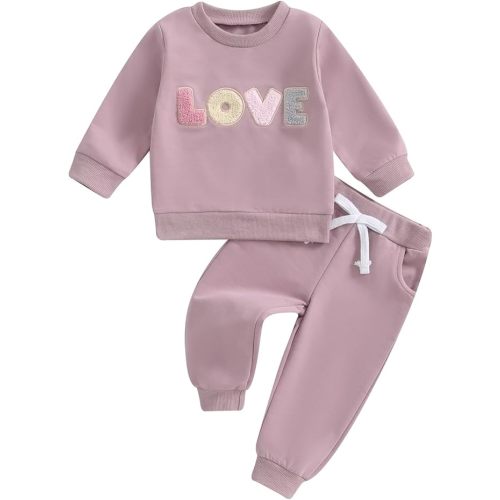 Adobabirl Toddler Baby Girl Clothes Embroidery Letter Print Crewneck Sweatshirt and Pants Set Fall Winter Spring Outfits