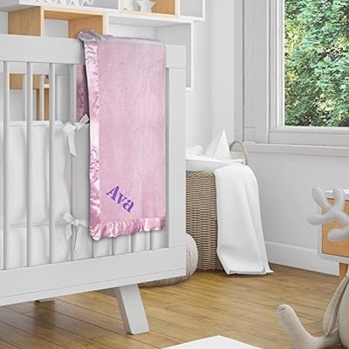 Monogrammed Super Soft and Plush Baby Blanket - Custom Personalized New Mom Gift with Satin Trim (Pink)