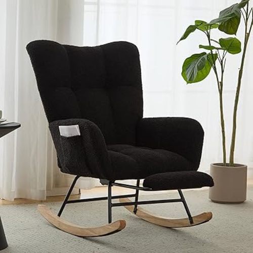 Nursery Rocking Chair Teddy Upholstered Reading Glider Rocker with Footrest Accent Chair with High Backrest Armchair Comfy Side Pocket Chair for Living Room, Bedroom, Offices (Large Black)