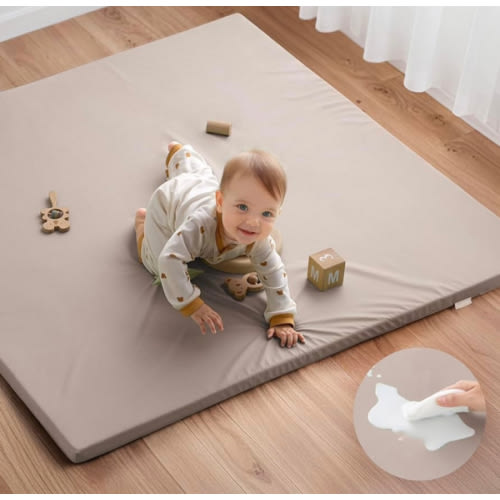 Blissful Diary Vegan Leather Baby Play Mat, 50x50 Thicken Foam Cushioned & Waterproof Playpen Mat for Infants and Toddlers, Stylish and Just Wipe-Clean Playmat for Baby Play on Floor, Brown Gray