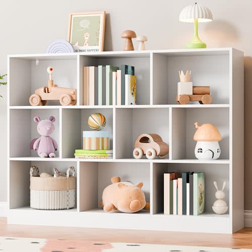 Cozy Castle White Bookshelf, 3-Tier Open Shelf Bookcase, 10 Cube Storage Organizer with Anti-Tilt Device, Freestanding Horizontal Bookshelf Cube Shelf for Bedroom, Living Room