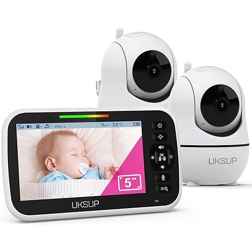 Baby Monitor with 2 Cameras and Audio - Video Baby Monitor with 960ft Long Range, Remote Pan-Tilt-Zoom, Night Vision, Temperature Sensor, 2-Way Talk, 8 Lullabies, 30-Hour Battery & No WiFi