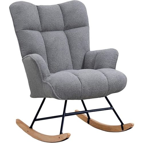 Rocking Chair Nursery Teddy Upholstered Glider Rocker Rocking Accent Chair Padded Seat with High Backrest Armchair Comfy Side Chair for Living Room Bedroom Offices (Dark Grey Teddy)