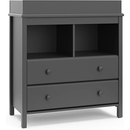 Storkcraft Alpine 2 Drawer Changing Table Chest (Gray) - Attached Changing Table Topper Fits Any Standard-Size Baby Changing Pad, 2 Drawers, 2 Shelves for Extra Nursery Storage, Easy to Assemble