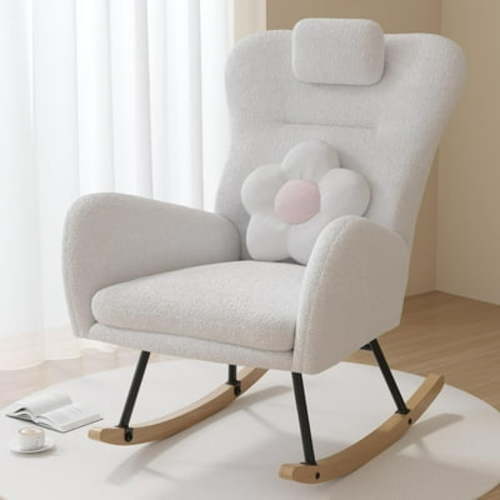 PAPROOS Teddy Fabric Comfy Armchair Rocker, Modern Nursery High Backrest Accent Chair, White