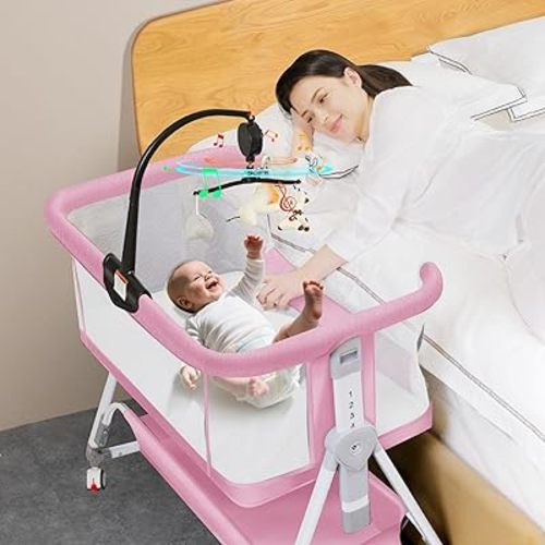 MEICHYUN Baby Bassinet, Baby Bassinet Bedside Sleeper with Musical Toy, All Mesh 7 Height Adjustable Bedside Crib with Storage Basket and Wheels (Pink)