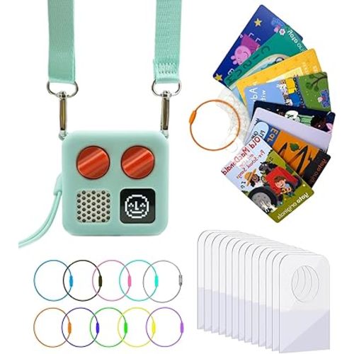 Silicone Case for Yoto Mini and Card Holder for Yoto Cards, Protective Silicone Adventure Jacket with Shoulder Strap, 200 PCS Tabs 10 Loops Kids Travel Carrier of Yoto Accessories, Aqua