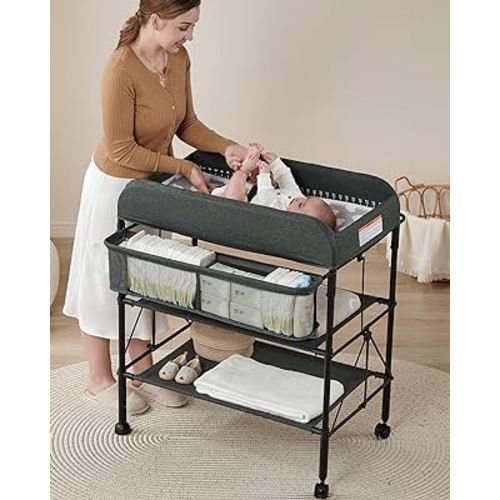 BEKA Portable Changing Table, Foldable Baby Changing Table, Changing Station for Infant w/Waterproof Diaper Changing Table Pad, Adjustable Height Diaper Station, Mobile Nursery Organizer for Newborn