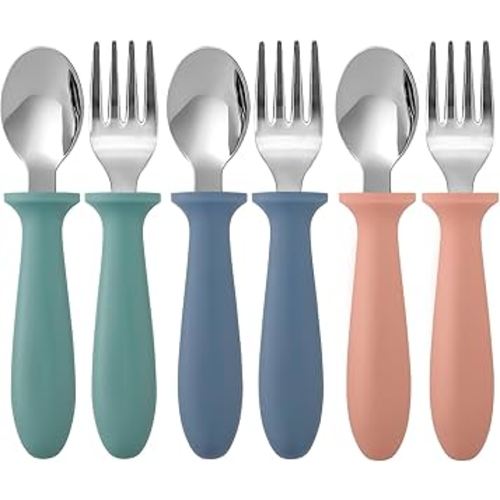 Pimoys 6 Pieces Toddler Utensils, Kids Silverware Set with Plastic Handle Stainless Steel Children Forks and Spoons, Dishwasher Safe