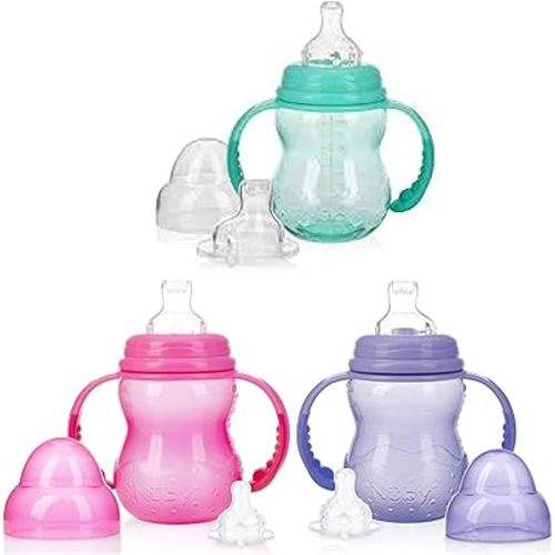 Nuby 3-Stage Wide Neck No Spill Bottle with Handles and Non-Drip Juice Spout, 3 Months, 8 Ounce, 3 Count, Pink/Purple/Teal (Pink/Purple/Teal)