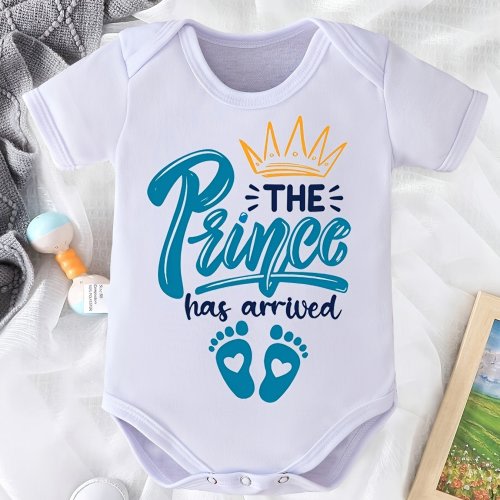 ACTFLASH Baby Onesie "The Prince Has Arrived" - Cute Alphabet Pattern, Summer Short Sleeve, Newborn Romper, Polyester 100%, Crew Neck, Regular Fit, Knit Fabric, Stretchable - Perfect Pregnancy Gift, for Outdoor