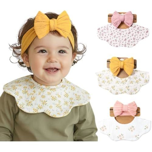 Baby Cotton Muslin Bibs and Bow Headbands Set