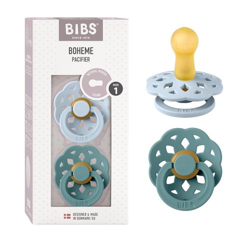BIBS Boheme Soother 2-Pack. BPA Free Dummy Pacifier, Symmetrical Nipple. Natural Rubber Latex, Made in Denmark. 0-6 Months (Pack of 2), Baby Blue/Island Sea