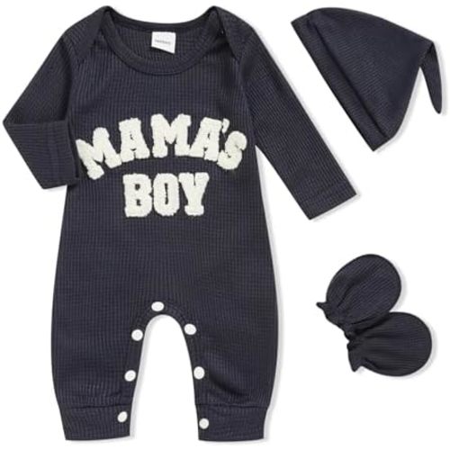 GRNSHTS Newborn Baby Boy Romper Coming Home Outfits Letter Print Bodysuit Jumpsuit+Hat+Gloves 3PCS Clothes Set