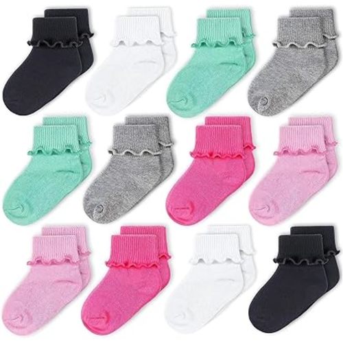 CozyWay Baby Girls Socks 12 Pack Ruffle Ripple Edge Turn Cuff Ankle Socks Toddlers Infants 0-9 Months