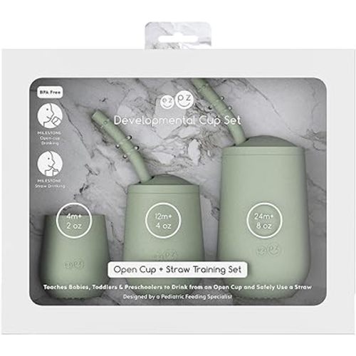 ezpz Developmental Cup Set (Sage) 100% Silicone Training Cup for Infants - Designed by a Pediatric Feeding Specialist - Baby-led Weaning Essentials & Baby Gifts