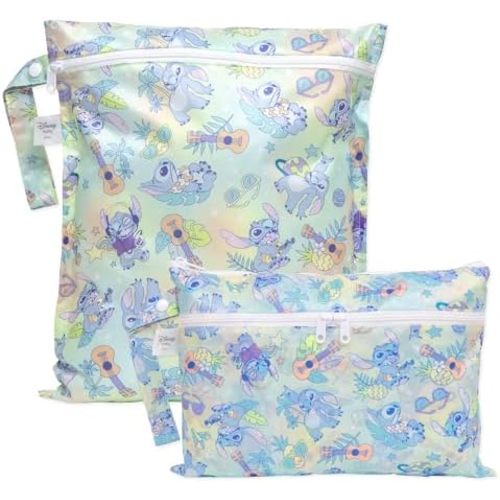 Bumkins Disney Stitch Waterproof Wet Bag and Wet Dry Clutch Bags for Baby, Travel, Swim Suit, Cloth Diapers, Pump Parts, Pool, Gym Clothes, Toiletry, Hook to Stroller, Daycare, Packing Pouch, 2-pk