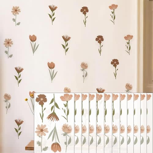 Arawat Flower Home Wall Decor Living Room 12 Sheets / 72 pcs Wall Decals Peel and Stick Aesthetic Wall Stickers & Murals Wildflower Wall Stickers Decor for Bedroom Boho Vinyl Kitchen Wall Murals
