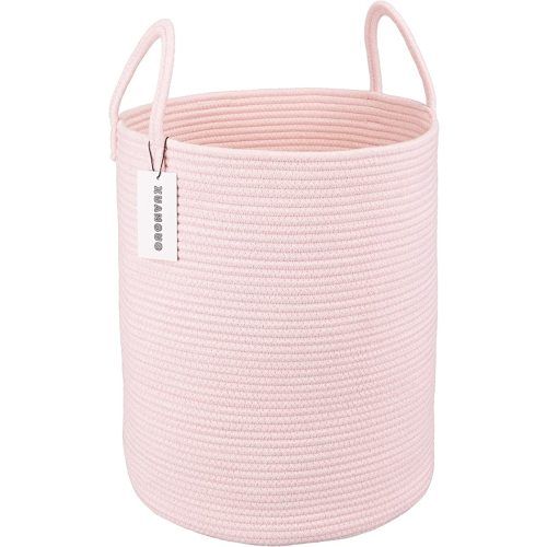 Cotton Rope Laundry Basket Hamper for Girls Kids Baby Nursery Hamper Bin Woven Storage Basket for Living Room Girls room Boho Tall Rope Baskets for Blanket Toys Large light pink - Regular