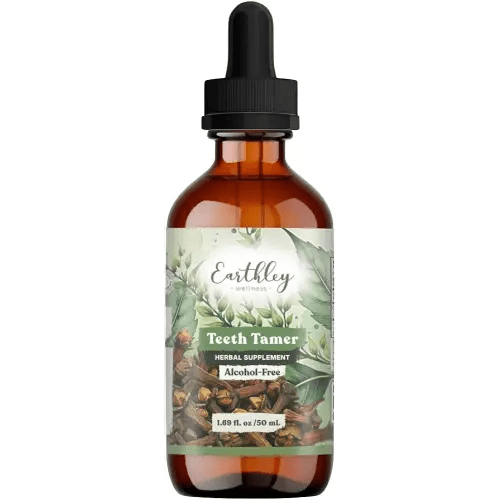 Earthley Wellness Teeth Tamer, Teething Relief for Babies & Kids, Soothes Drooling, Gum Discomfort & Irritability, Organic Herbal Formula, Sugar-Free, 3+ Month Supply (1.69 oz Glass, 500 doses)
