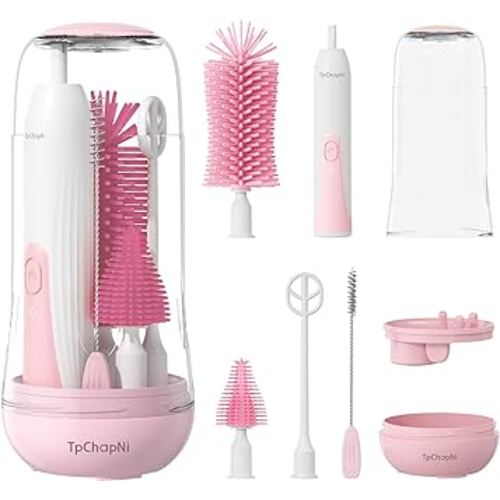 Electric Travel Baby Bottle Brush Set, Electric Bottle Brush Cleaner, Silicone Bottle, Nipple and Straw Brush, Stirring Disperser, Drainage Rack, Storage Box (Pink)
