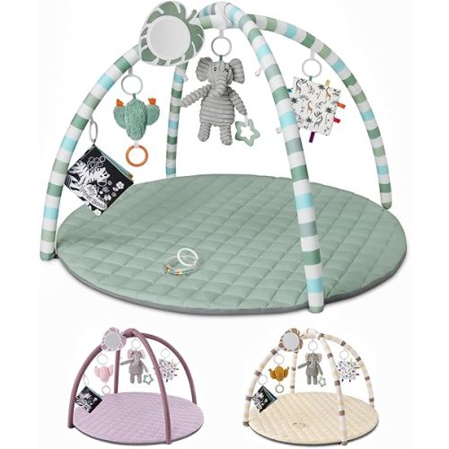 Blissful Diary Baby Play Gym Mat, Tummy Time Mat with 6 Detachable Toys for Stage-Based Sensory & Motor Skill Development, Baby Activity Mat Easy to Install & Clean, Baby Essentials Gift, Sage Green